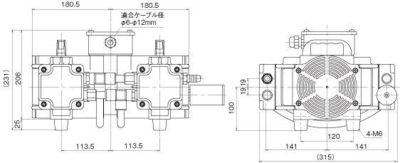 揺動ピストン型ドライ真空ポンプDOP DOP-301SB 寸法図