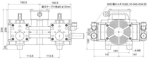 揺動ピストン型ドライ真空ポンプDOP DOP-400SB 寸法図