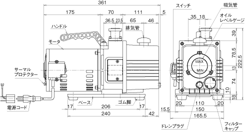 小型油回転真空ポンプGLS･GLD GLS-051 寸法図
