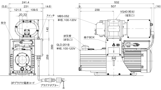メカニカルブースターポンプ排気装置VM VMR-050 寸法図